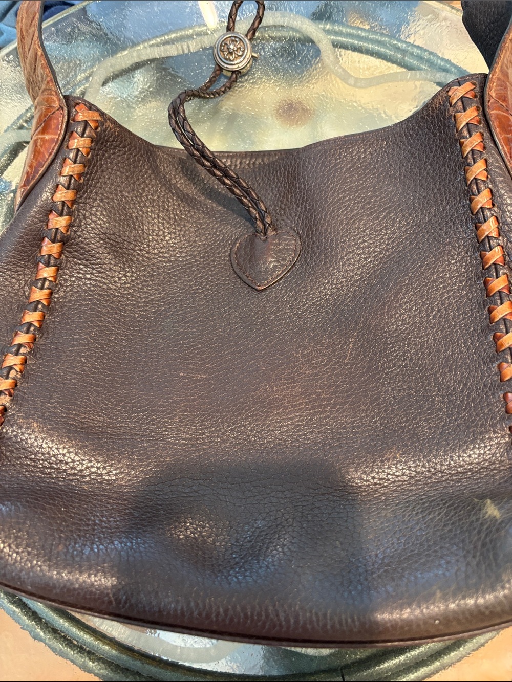 Women's Dark Brown Leather Shoulder Bag with Braided Accent - Picture 4 of 4